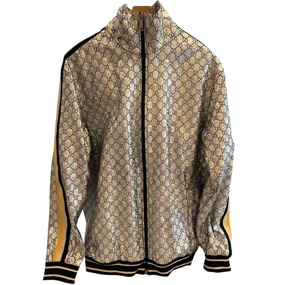Gucci Monogram Metallic Gold Full-Zip Track Jacket With Striped Sleeves - Picture 1 of 15